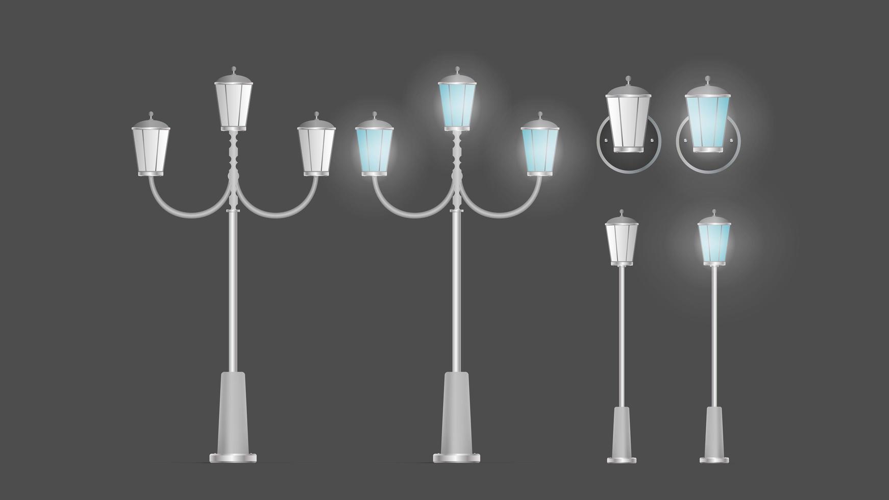 um conjunto de lanternas metálicas que brilham. poste de luz com luz realista. vetor. vetor