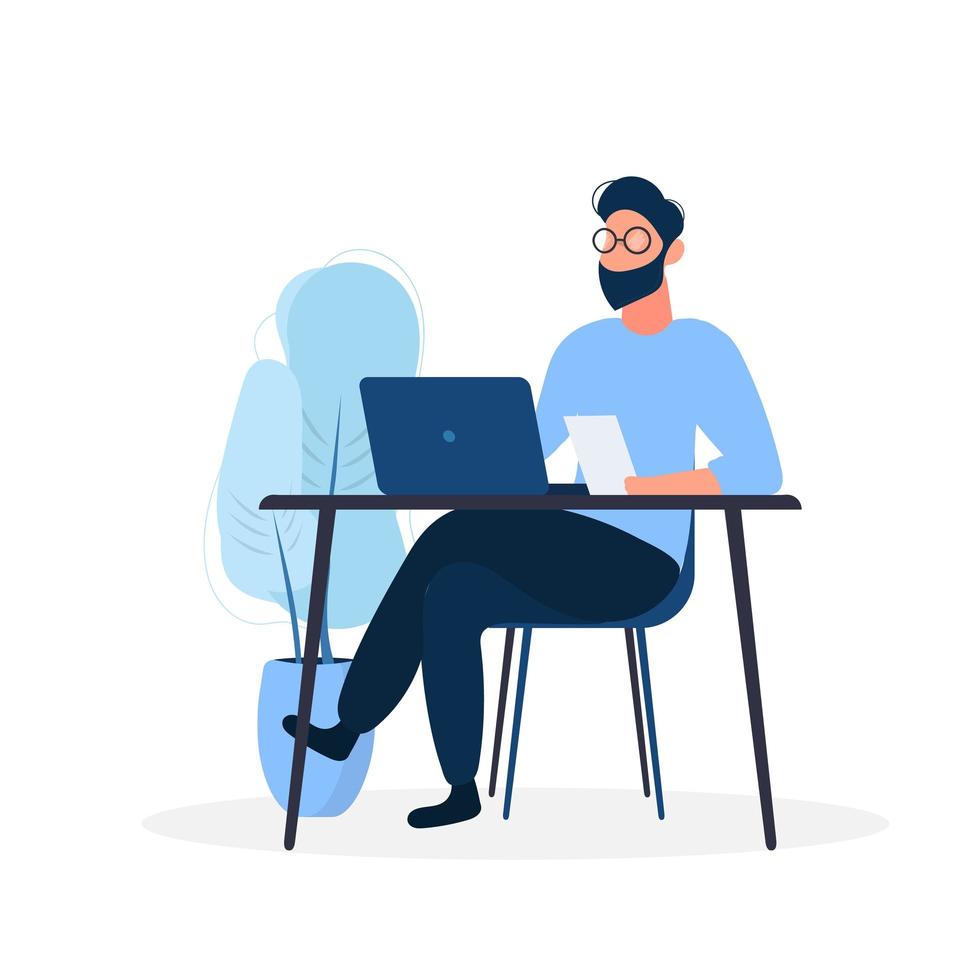 um homem trabalha em um laptop. o cara está sentado à mesa com um laptop. estilo simples. bom para trabalho de imagem, escritório, contratação de pessoal. ilustração vetorial vetor