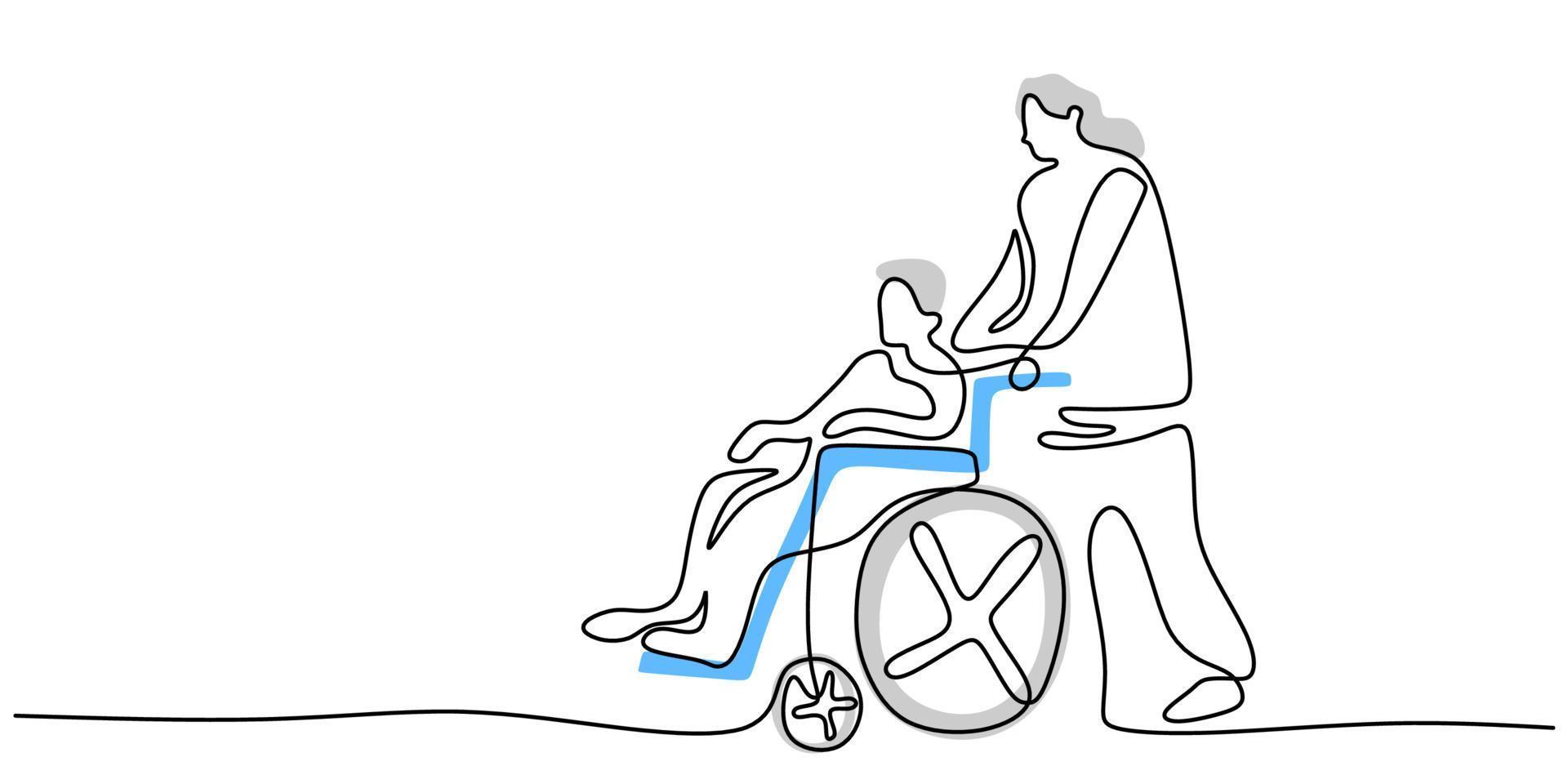 contínua uma única linha de ancião ajudando anciã em cadeira de rodas vetor