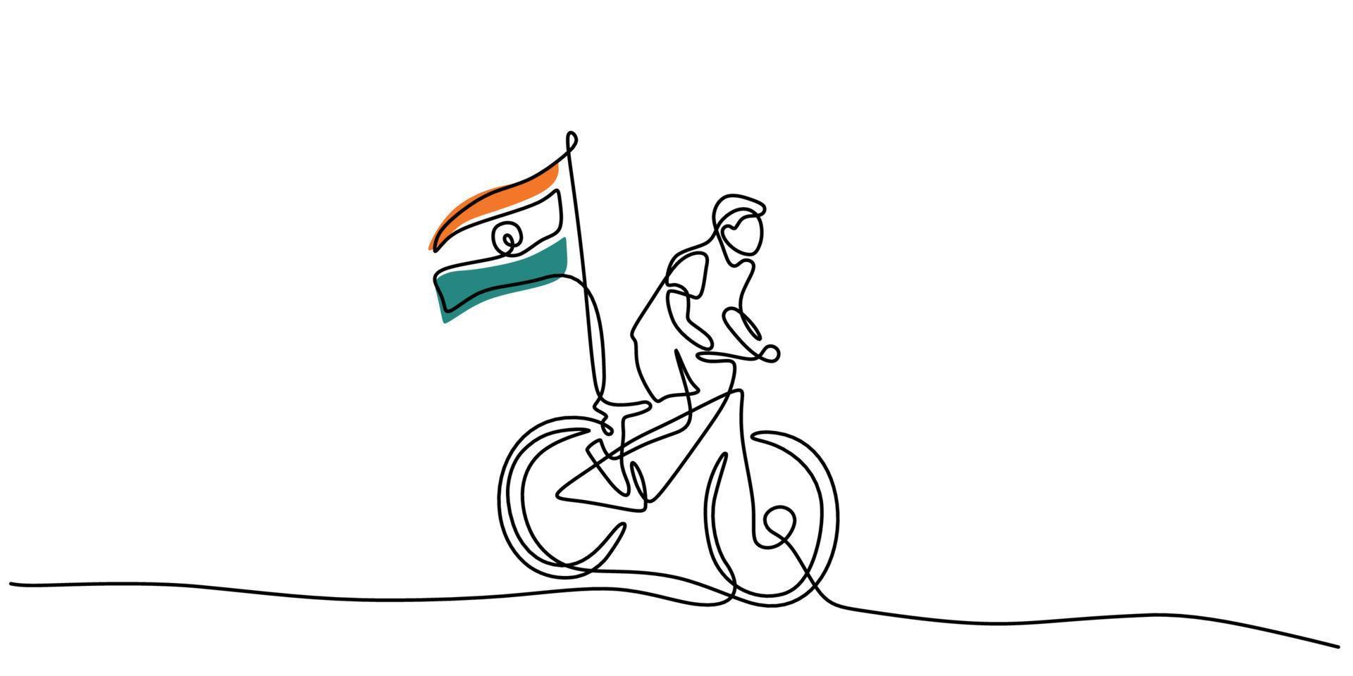 linha contínua de menino traz a bandeira da Índia de bicicleta para o dia da república vetor