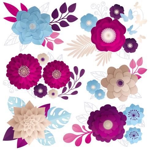 Composições de flores de papel colorido conjunto vetor