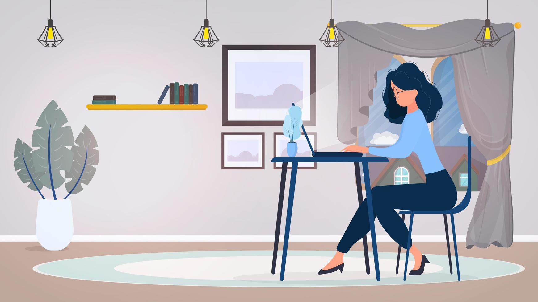 menina de óculos se senta a uma mesa no escritório. garota trabalha em um laptop. o conceito de encontrar pessoas para trabalhar, visualizar vagas e currículos. vetor. vetor