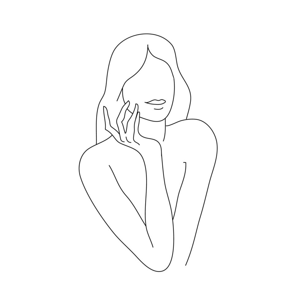 retrato de estilo minimalista de vetor. linha ilustração mulher, sentado, posando. mão desenhada impressão feminina abstrata. usar para histórias de redes sociais, logotipos de beleza, ilustração de pôster, cartão, camiseta vetor