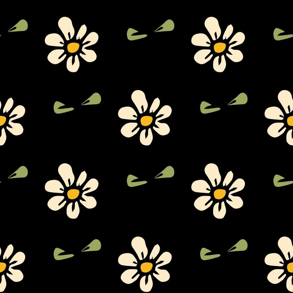 sem costura padrão preto com flores de camomila branca. fundo floral. flores brancas isoladas em fundo preto vetor