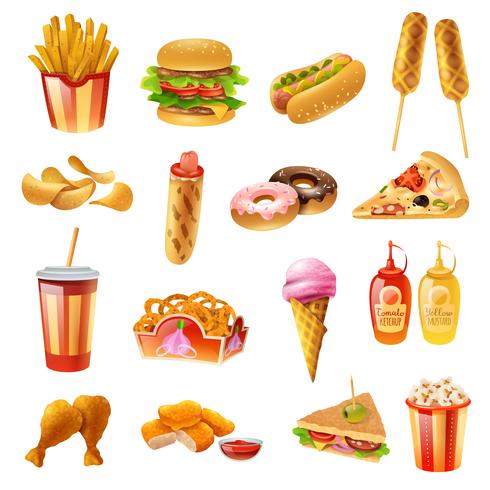 Conjunto de ícones coloridos de Menu de fast-food vetor