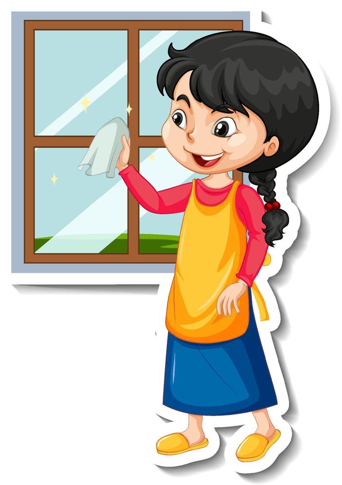 Adesivo de personagem de desenho animado de dona de casa limpando janela vetor