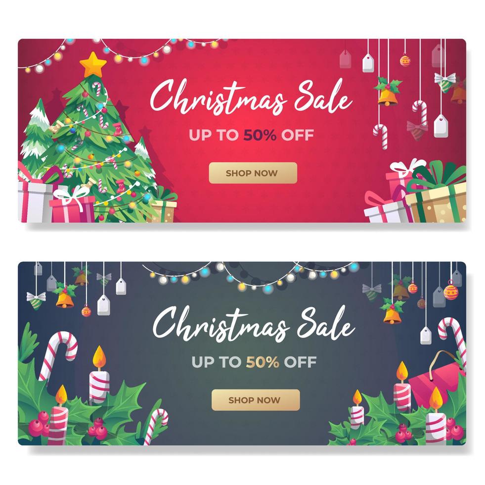 venda de natal, modelo de banner de desconto de promoção com caixas de presente, decorações para árvores de Natal. cartões de felicitações de natal horizontais, cartazes, ilustração vetorial de banner da web vetor