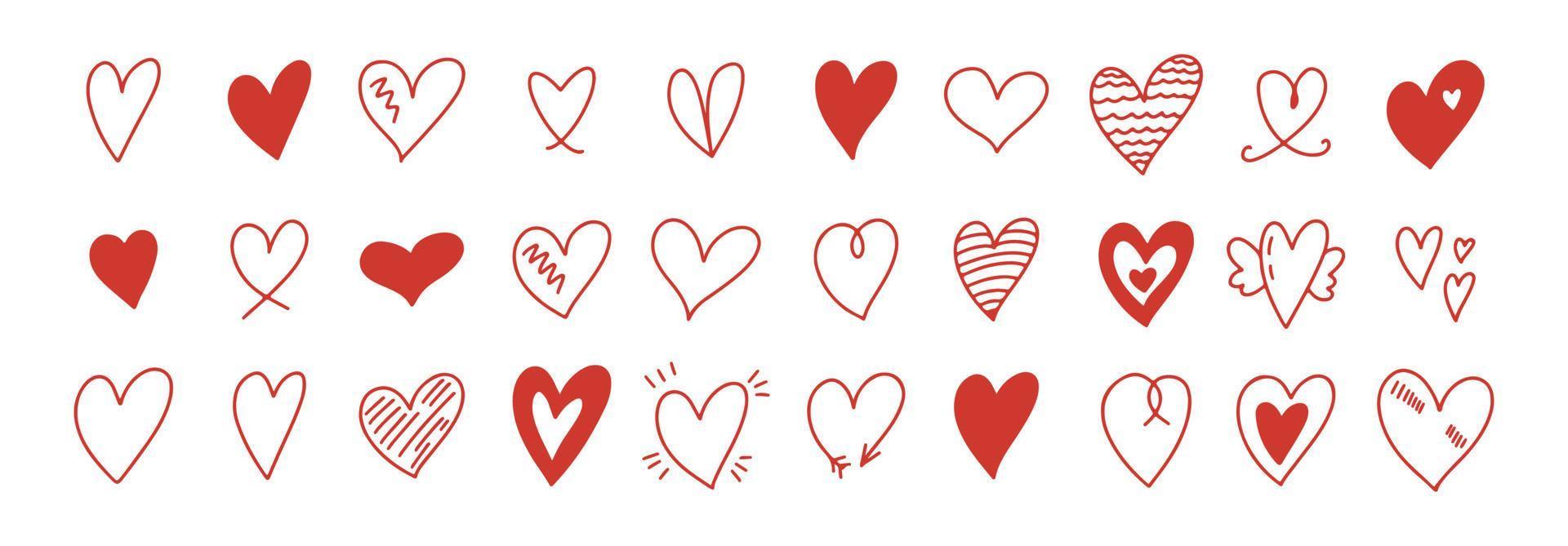 conjunto de esboço de corações do doodle. vários ícones de coração de mão desenhada diferente coleção de amor isolada no fundo branco. símbolo de coração vermelho para dia dos namorados. vetor