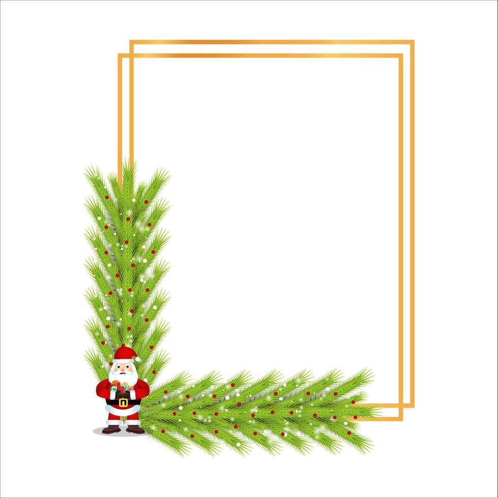 moldura de Natal com folhas verdes em um fundo branco. quadro de natal com um papai noel e baga vermelha. bola vermelha de Natal, moldura de Natal, folhas verdes, flocos de neve, bagas vermelhas, Papai Noel, presentes. vetor