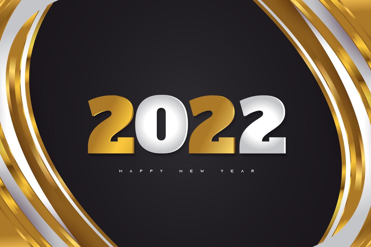 feliz ano novo 2022 banner ou design de cartaz com números de prata e ouro sobre fundo preto. 2022 logotipo ou símbolo. ilustrações vetoriais de férias vetor