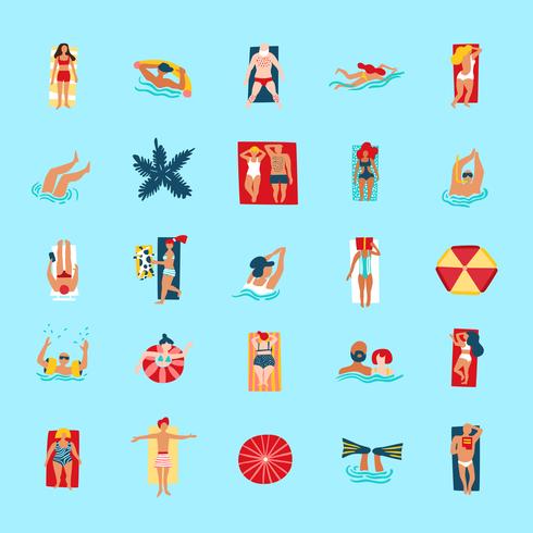 Coleção de ícones plana engraçado de pessoas de praia vetor