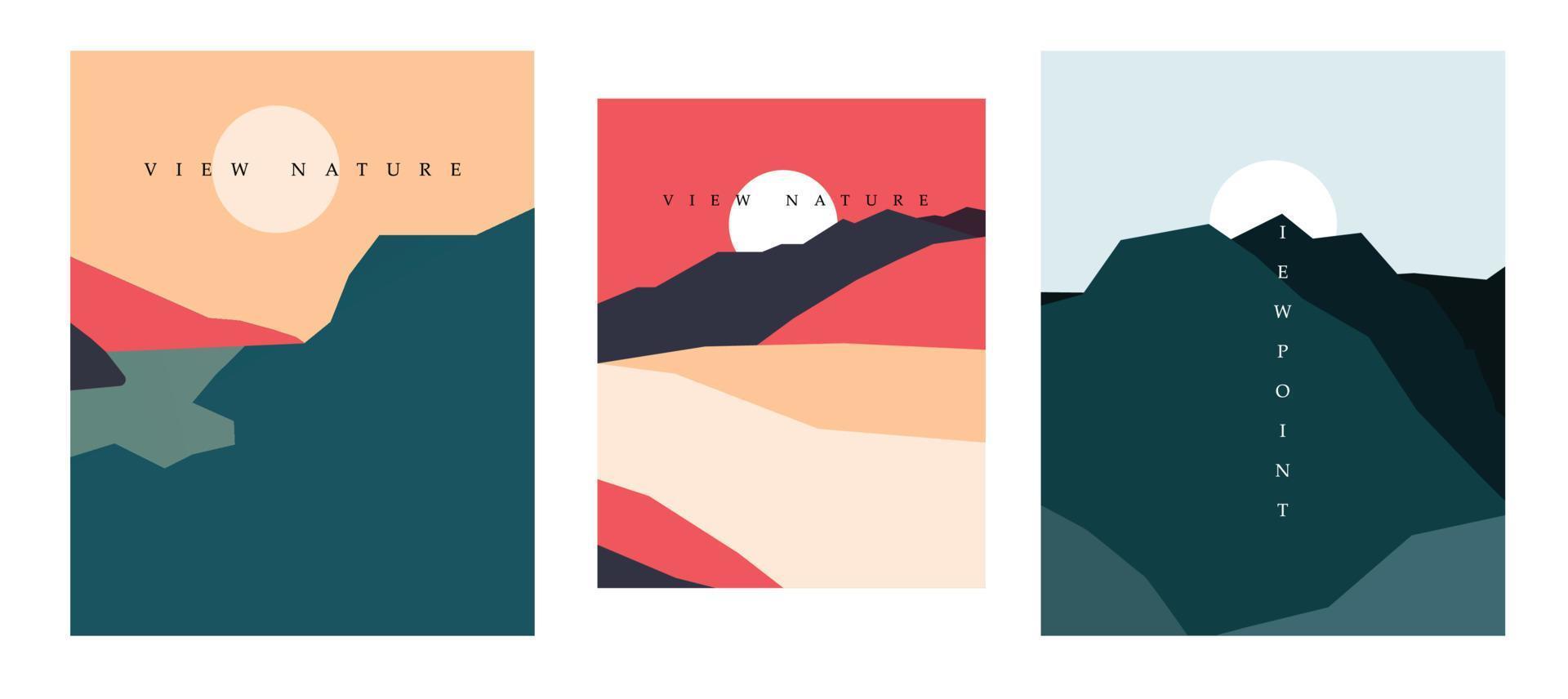 paisagem natural cartaz montanha geométrica abstrata e onda bandeira viajar ilustração vetorial cartão postal e flyer de aventura com forma de curva natural. vetor