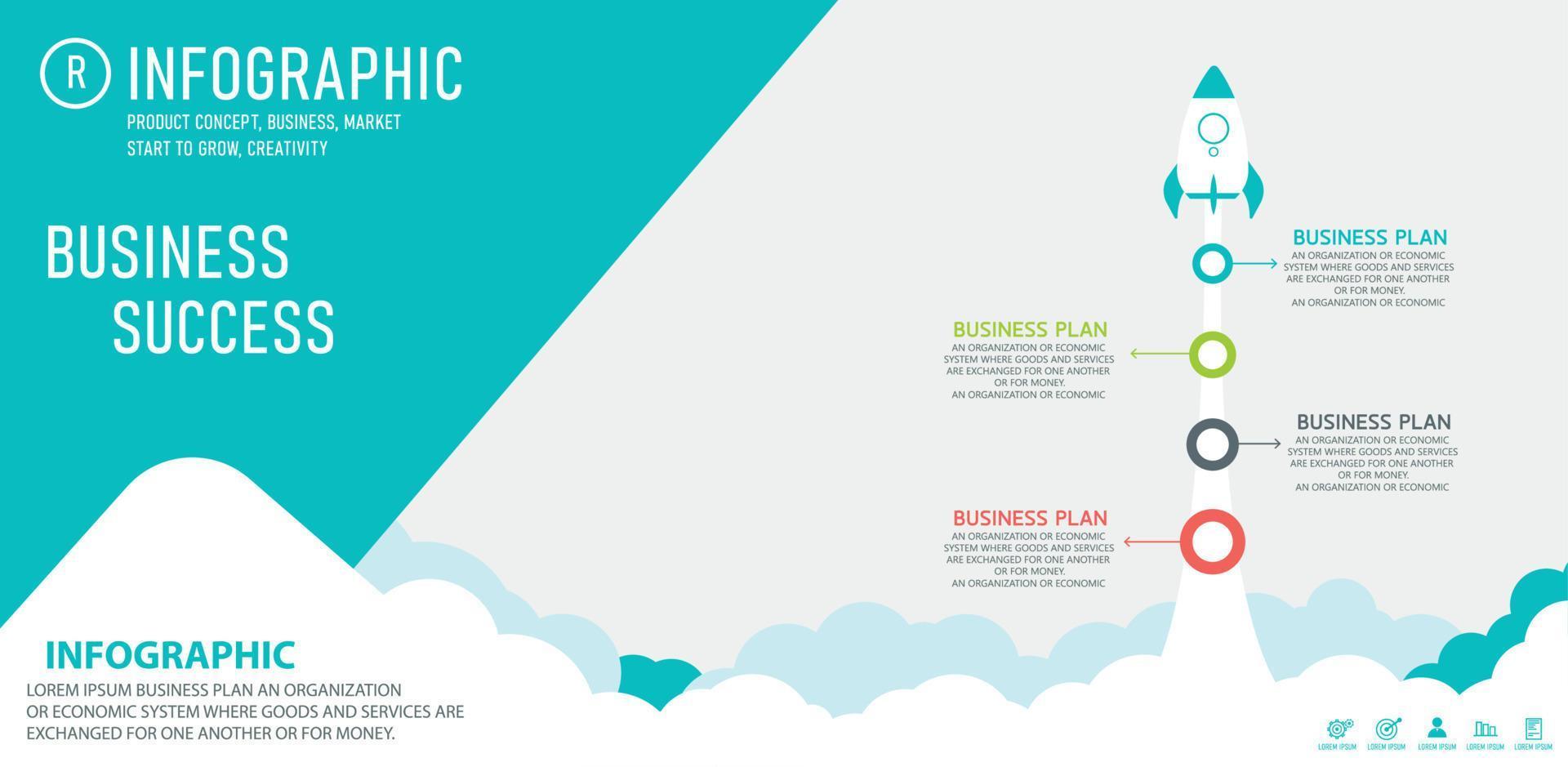 infográfico de inicialização com modelo de informações de inicialização. ilustração abstrata do vetor do foguete no fundo branco. eles podem ser usados para planejamento estratégico, layouts, fluxos de trabalho, procedimentos de negócios