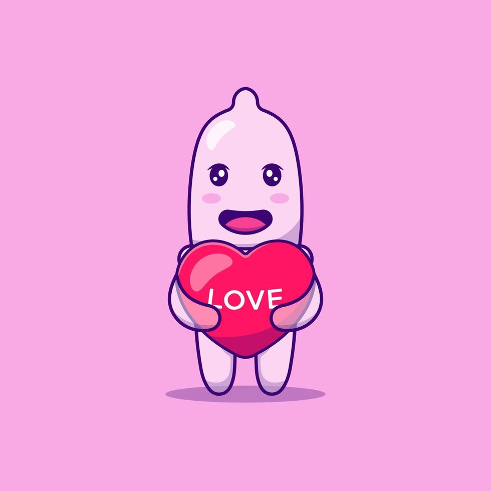 personagem de preservativo fofo flutuando com balão de amor vetor