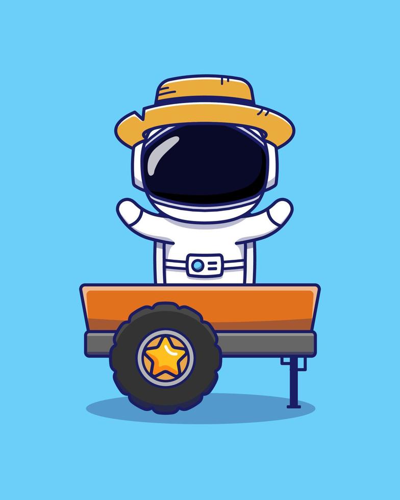 astronauta fofo usando chapéu de palha com caminhão vetor
