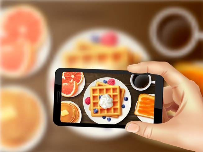 Café da manhã Smartphone foto realista imagem superior vetor