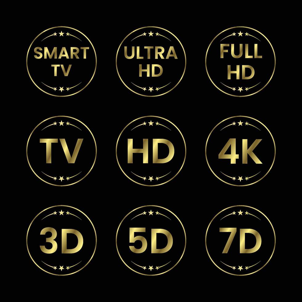 conjunto de ícones de tv dourado. etiquetas de tv tv hd 3d 5d 7d smart tv full hd 4k ultra hd vetor