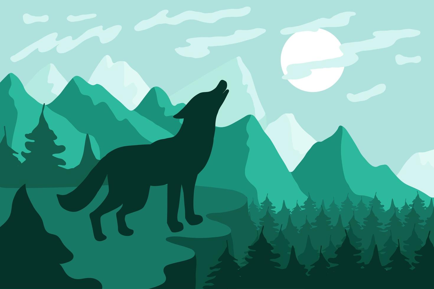 paisagem com ilustração em vetor plana silhueta de lobo