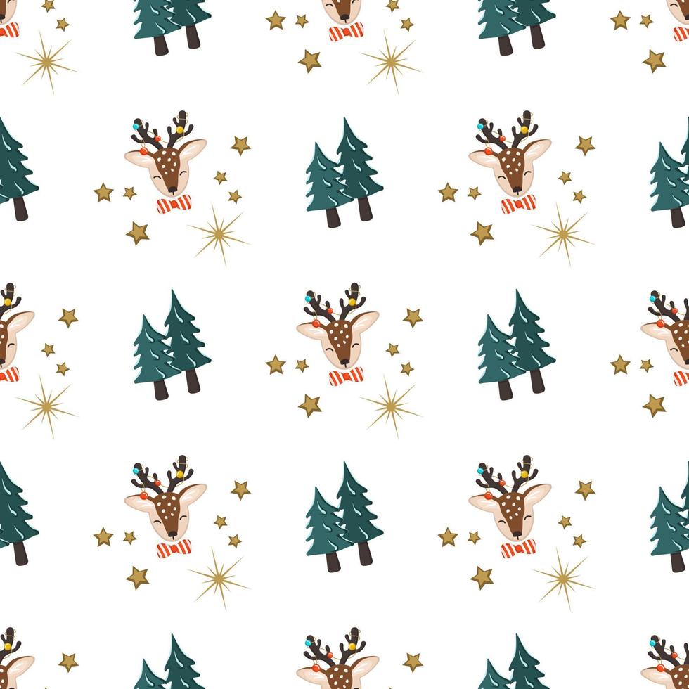 padrão sem emenda com veados em estilo infantil e árvore de Natal verde, decoração de ano novo. impressão festiva com animal engraçado. ilustração plana do vetor