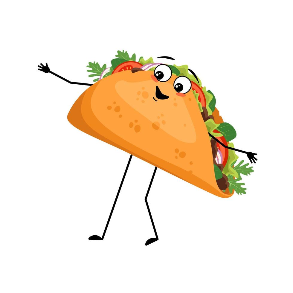 personagem bonito taco mexicano com emoções felizes, rosto, sorriso, olhos, braços e pernas. pessoa alegre de fast-food, sanduíche com pão achatado. vetor