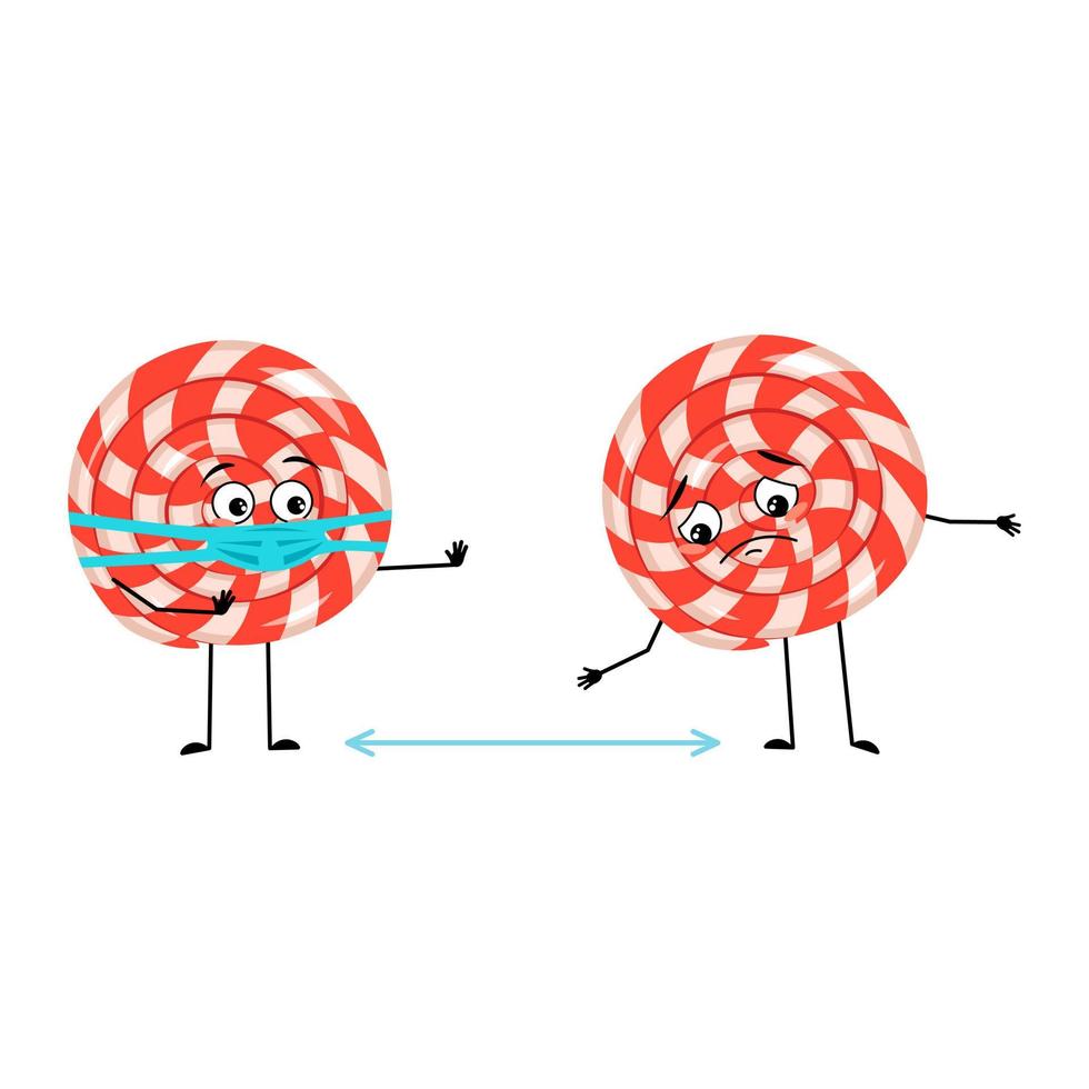 pirulito de personagem fofo com emoções tristes, rosto e máscara mantêm distância, braços e pernas. doce doce pessoa com expressão de depressão vetor