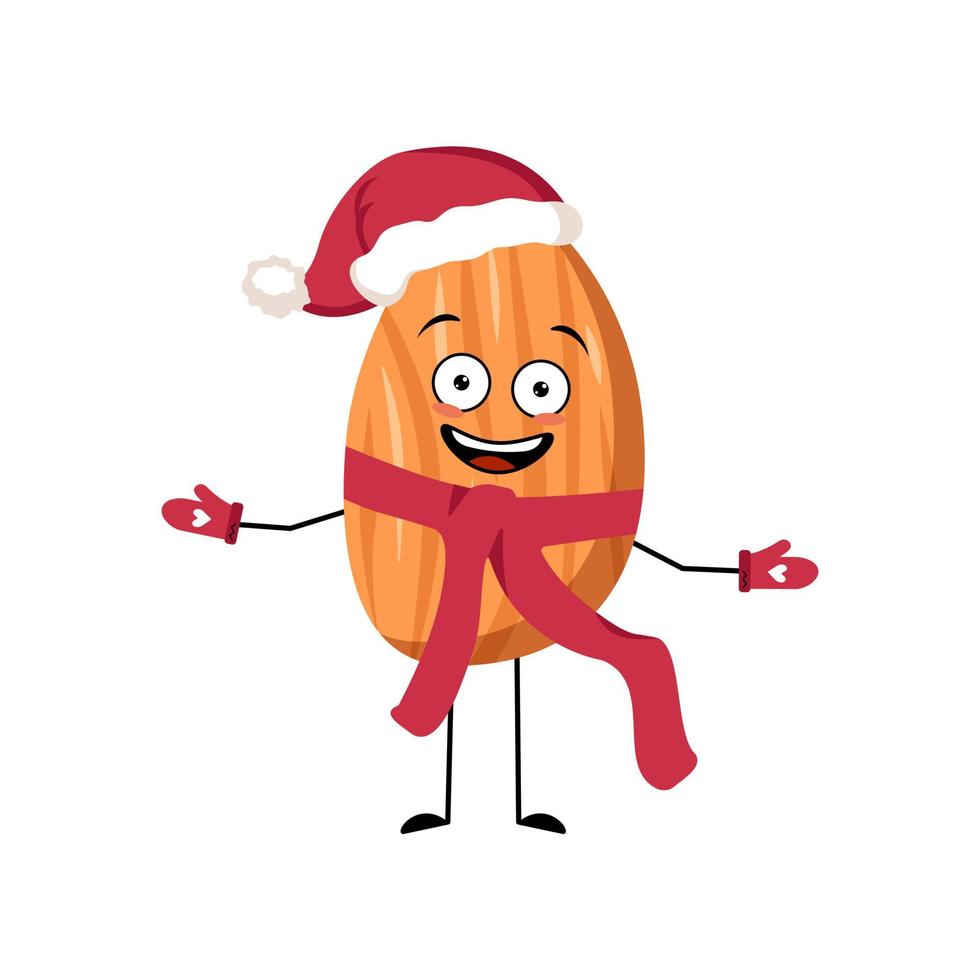 amêndoa santa personagem com emoção feliz, rosto alegre, sorria olhos, braços e pernas com lenço e luvas. fruta pessoa com expressão, comida para o natal e ano novo vetor