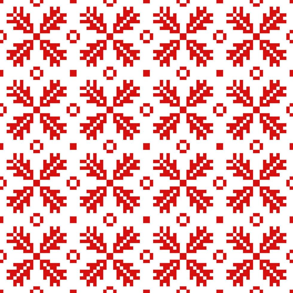 padrão sem emenda abstrato de pixel de natal. flocos de neve vermelhos e árvores de ano novo em bordados escandinavos decorativos. arte de férias vintage com moda de inverno de vetor. vetor