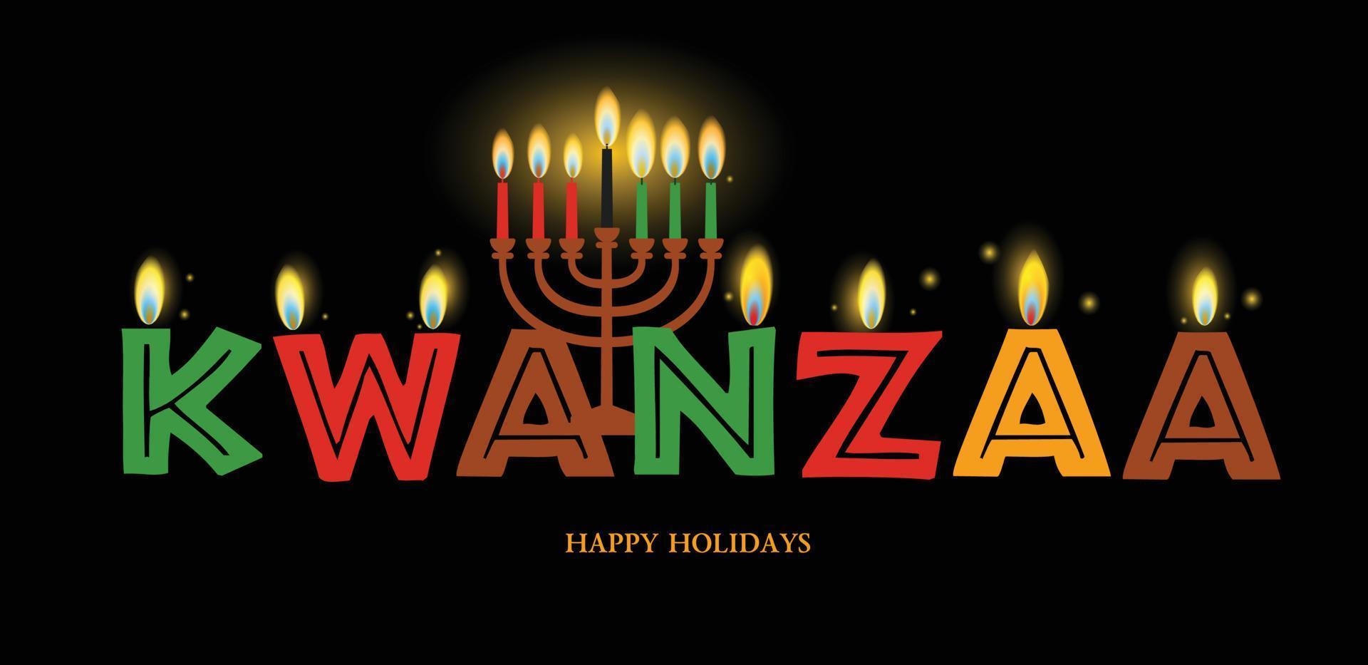 banner para kwanzaa com cores tradicionais e velas em fundo amarelo representando os sete princípios ou nguzo saba. vetor