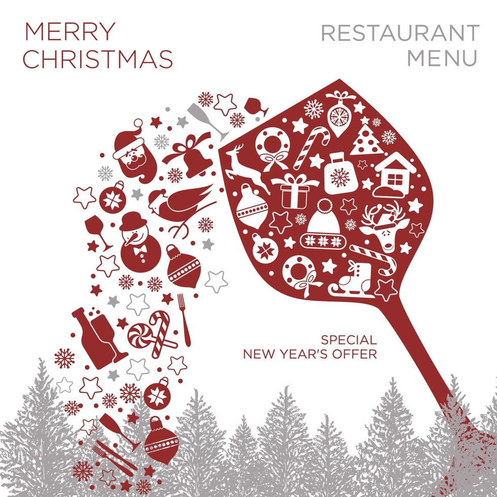 fundo de Natal de férias com copo de vinho na paisagem de fores, ícone de ano novo em glasess vermelho. cartão do projeto do Natal do vetor. vetor