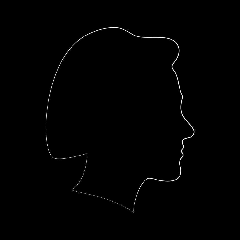 Perfil de silhueta minimalista da cabeça feminina em um fundo preto. linha de contorno branca, linda mulher. ilustração vetorial vetor