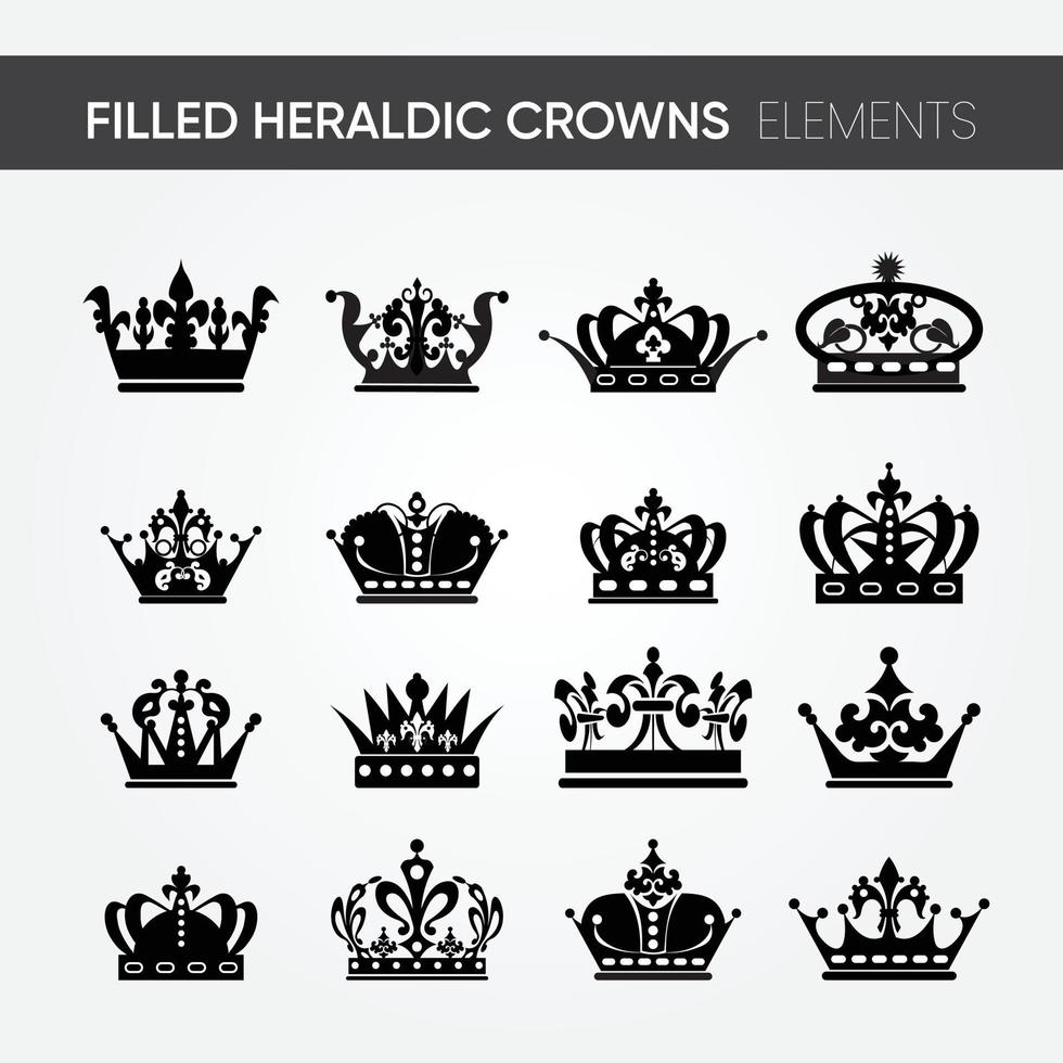 Conjunto de 16 diferentes designs de coroa heráldica com preenchimento minimalista e moderno de alta qualidade. para designs de reino. emblema e símbolo da heráldica. o estilo clássico. ilustração da arte de linha. vetor