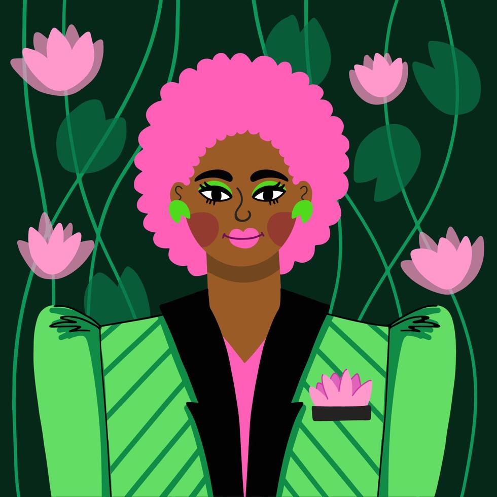 uma garota com cabelo africano em uma jaqueta de festa verde vetor