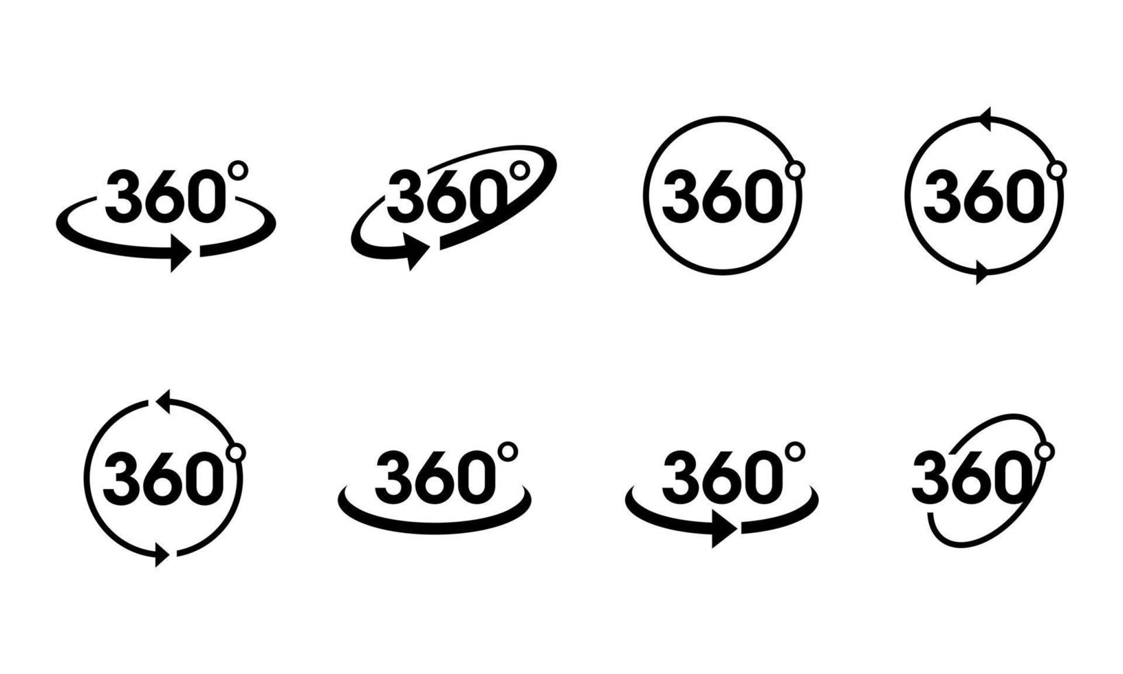 conjunto de ícones de aplicativo de 360 graus para visualização de área de 360 e setas circulares em forma básica. Coleção de ícones de visualização 360 para simulação de vr. vetor