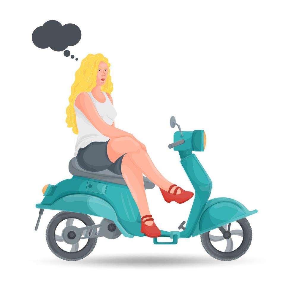 uma ilustração de design plano de uma menina com uma camiseta branca e sapatos vermelhos sentada em uma motocicleta azul sobre um fundo branco isolado vetor