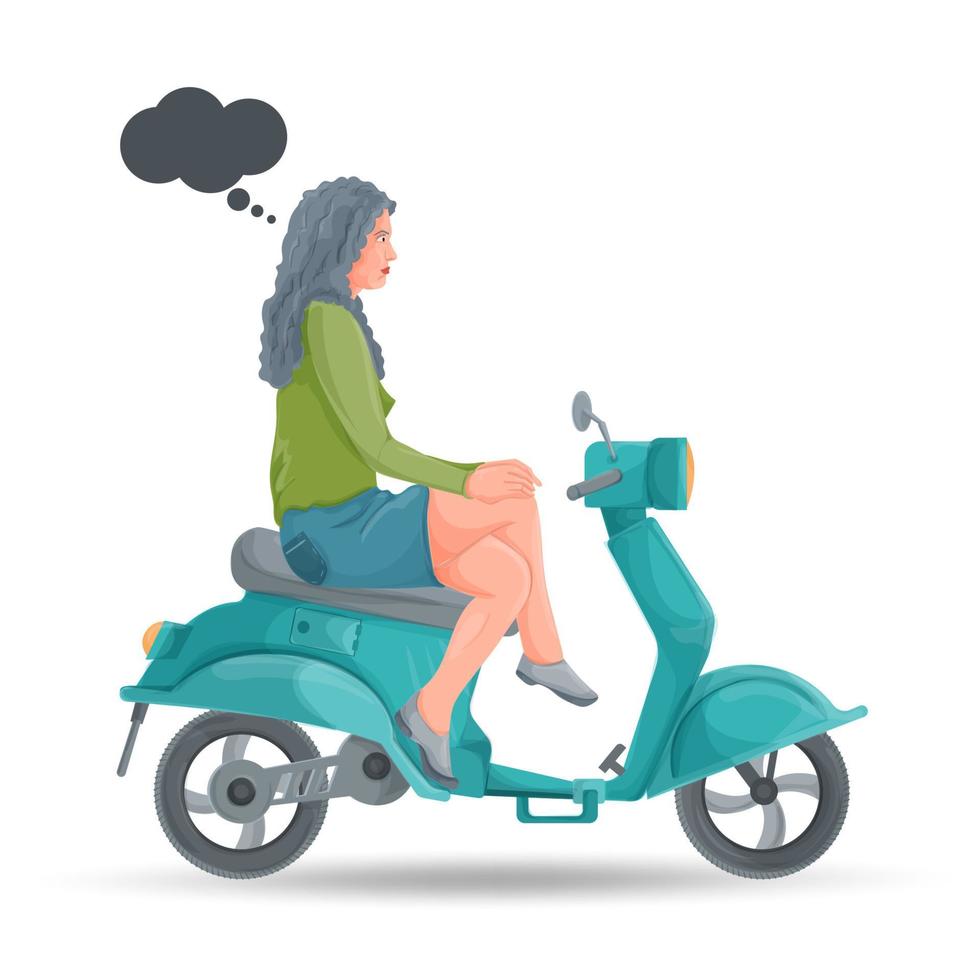 ilustração no estilo de design plano uma garota com uma camisa verde sentada em uma motocicleta azul com as pernas cruzadas o fundo está isolado vetor