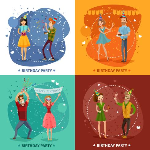 Composição quadrada de 4 ícones de festa de aniversário vetor