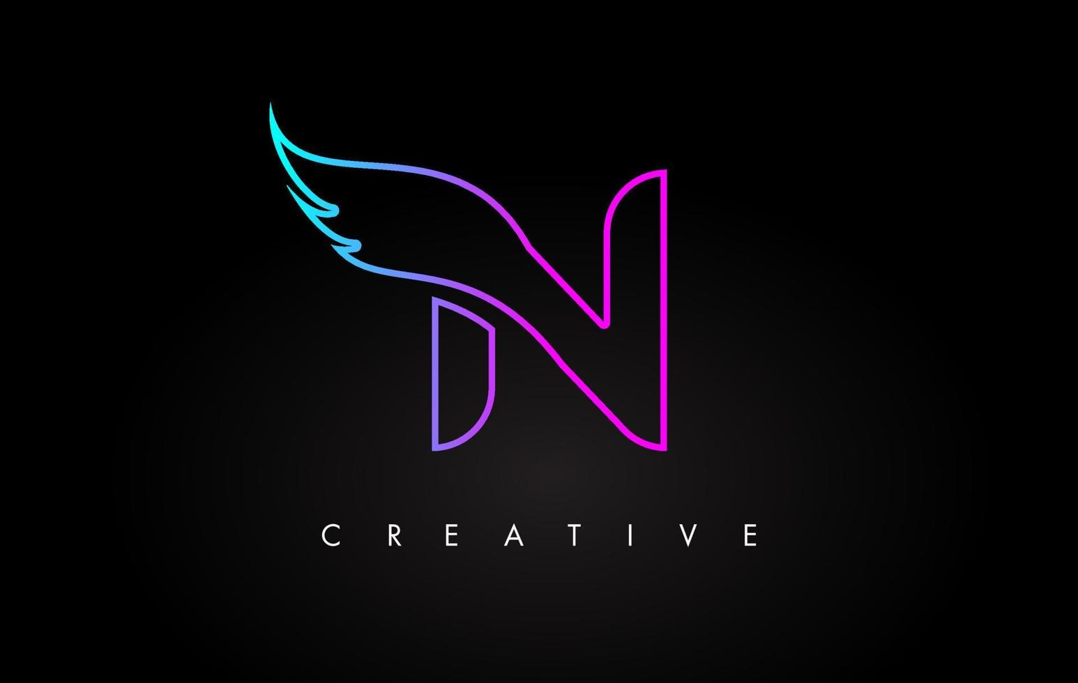 Projeto do ícone do logotipo de néon n letra com asa criativa nas cores azul púrpura magenta vetor