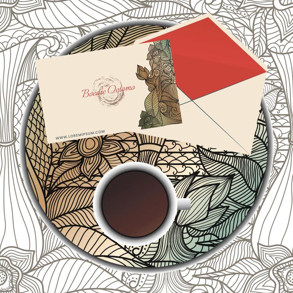fundo floral abstrato com papelaria e uma xícara de café vetor