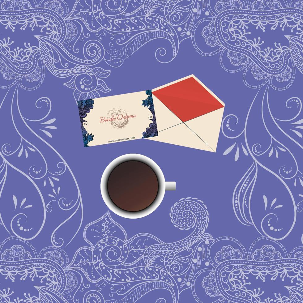 linha desenhada abstrato de cor roxa com uma xícara de café e papelaria vetor