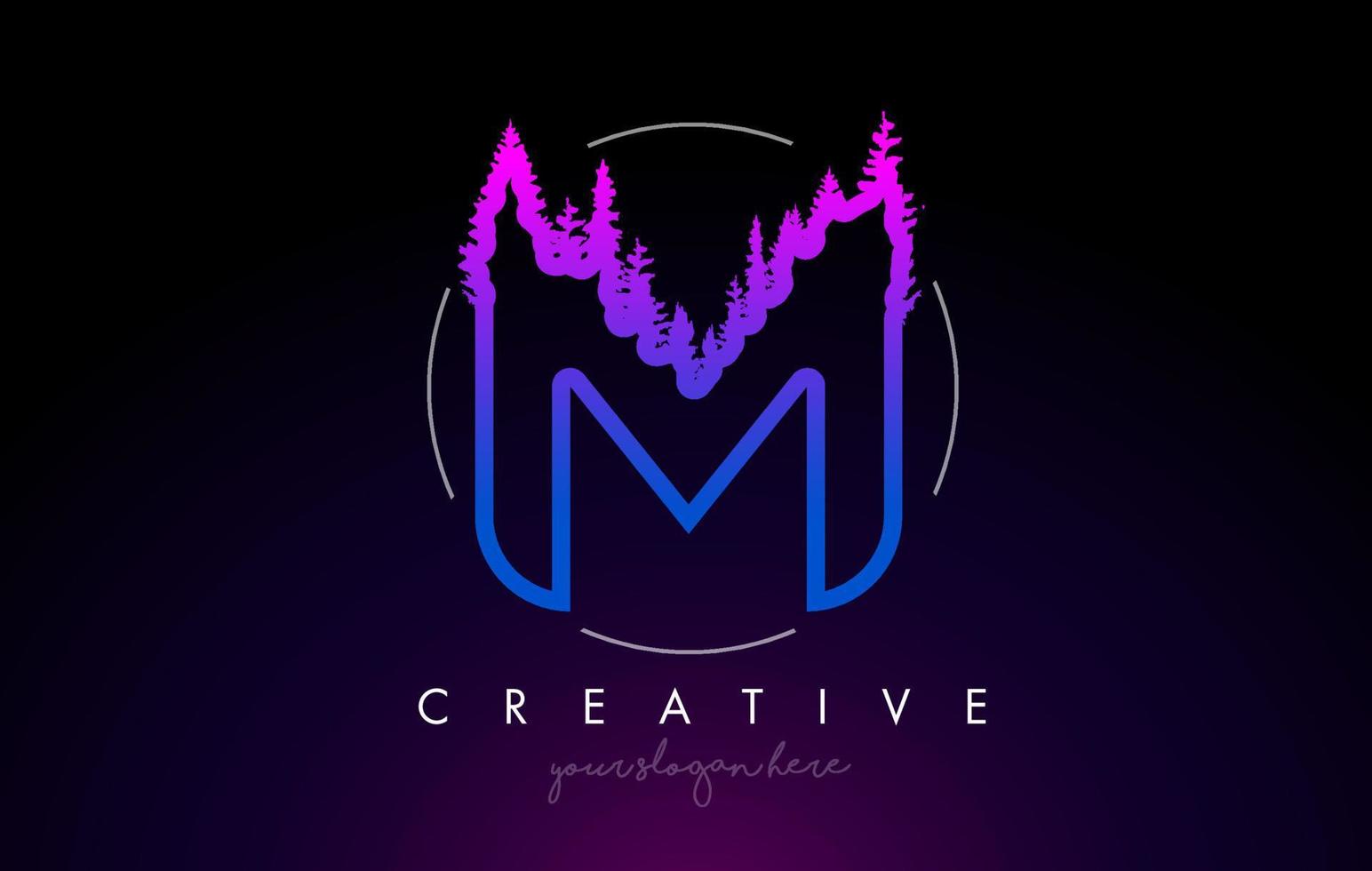 ideia criativa do logotipo da letra m com pinheiros. desenho da letra m com pinheiro no topo vetor