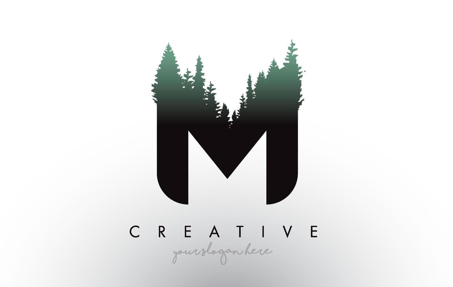 ideia criativa do logotipo da letra m com pinheiros. desenho da letra m com pinheiro no topo vetor