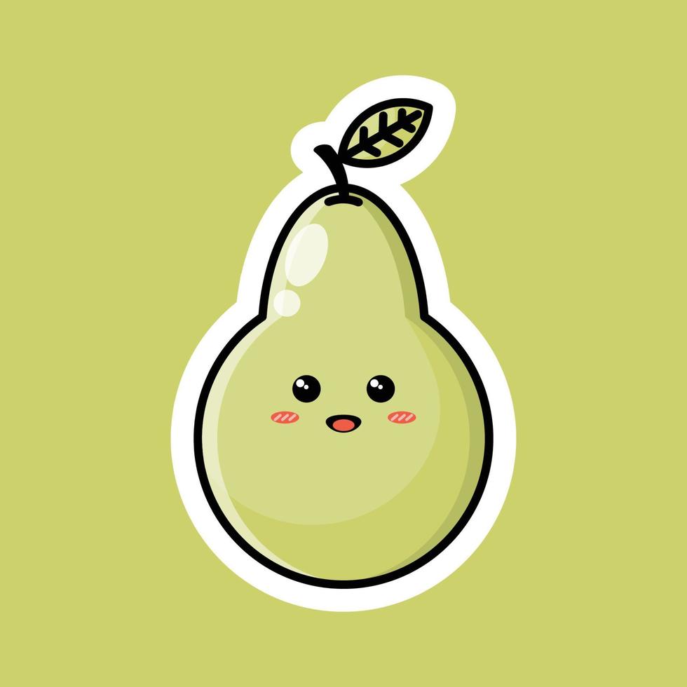 personagem de desenho animado de fruta bonito com expressão de sorriso feliz. design plano vetorial perfeito para ícones de endosso promocional, mascotes ou adesivos. ilustração de rosto de fruta verde pêra. vetor