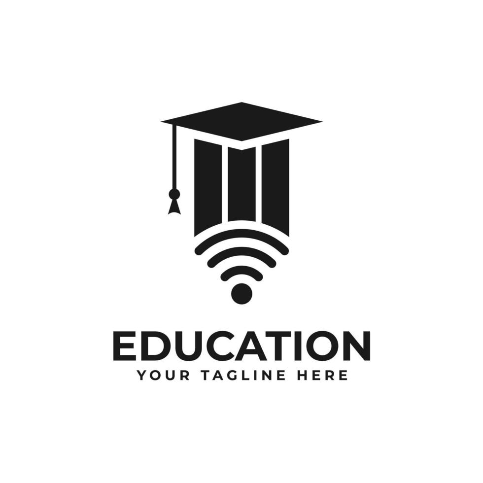 design de logotipo de educação online com chapéu de formatura, lápis, vetor de ícone de sinal