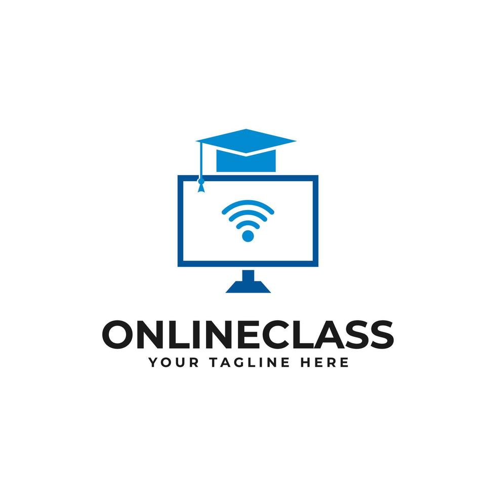 bonés de formatura, monitores, computadores, online, design de logotipo educacional para aulas online vetor