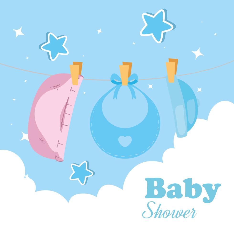 Cartão de chá de bebê com roupas penduradas e decoração vetor