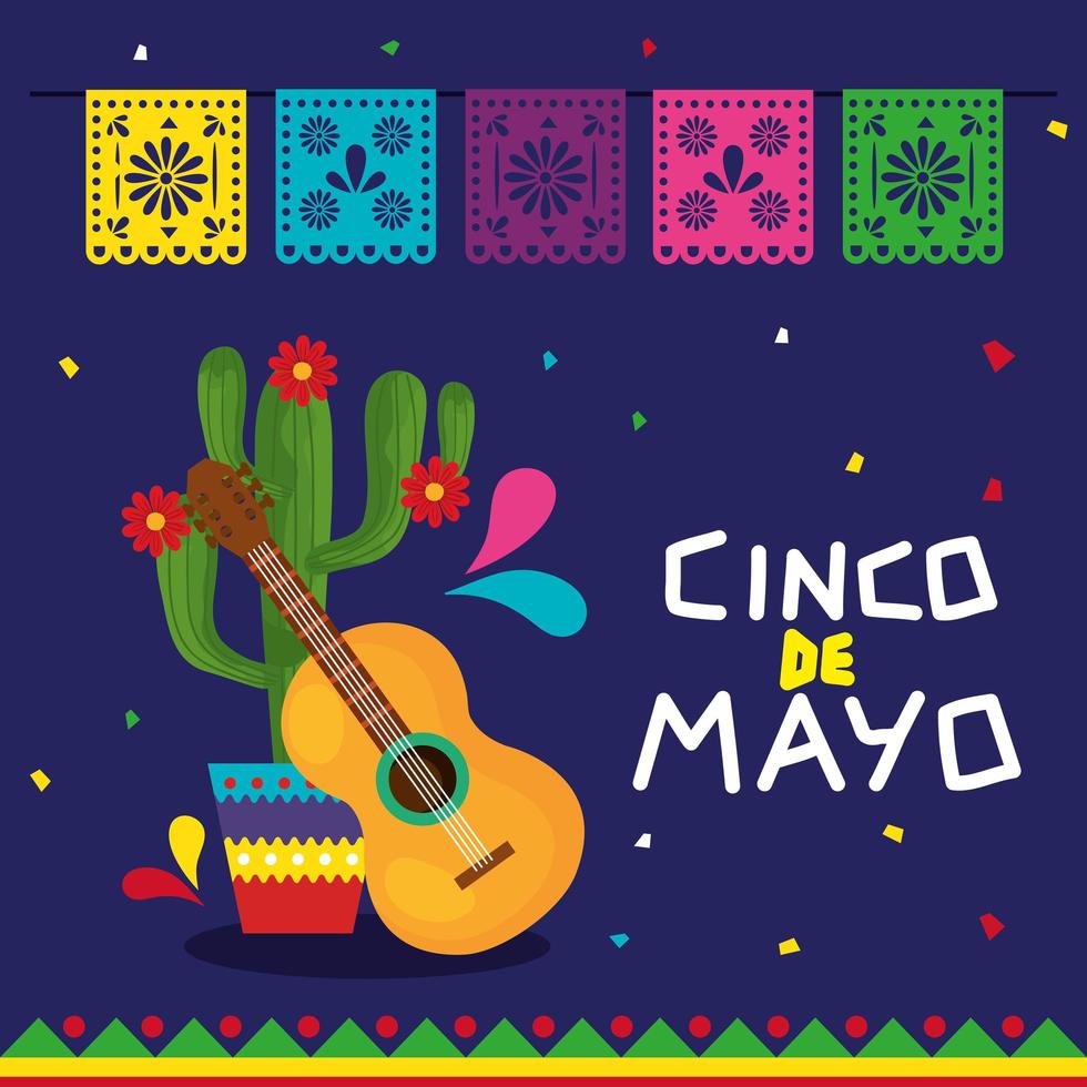 guitarra mexicana e cacto de cinco de mayo vector design