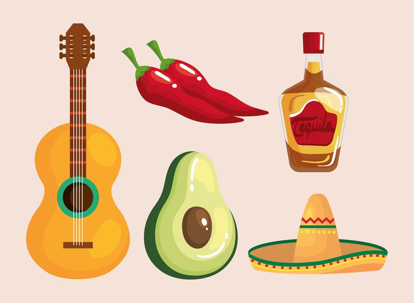 garrafa de tequila mexicana chapéu guitarra abacate e desenho vetorial de pimenta vetor