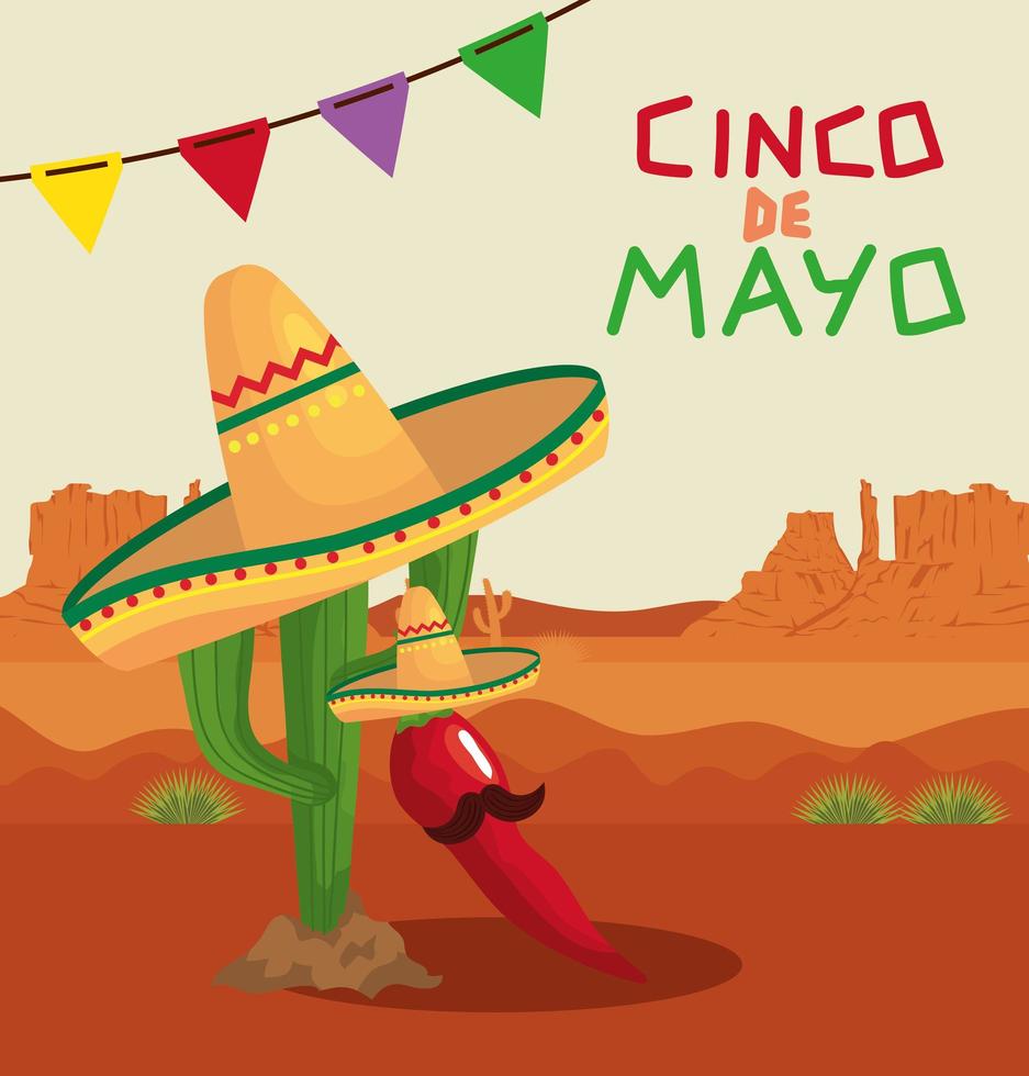 cacto mexicano e pimenta malagueta com chapéus de cinco de mayo desenho vetorial vetor