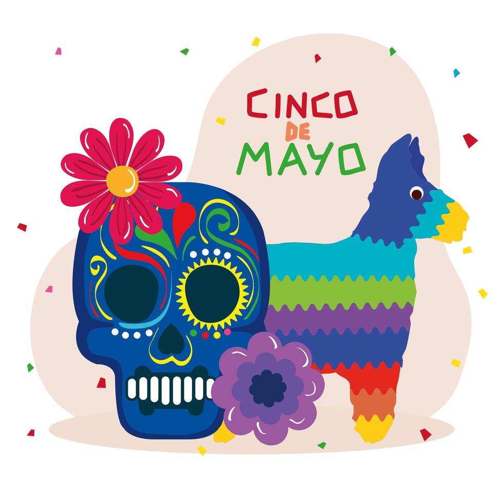 pinata mexicana e caveira com flores de cinco de mayo desenho vetorial vetor