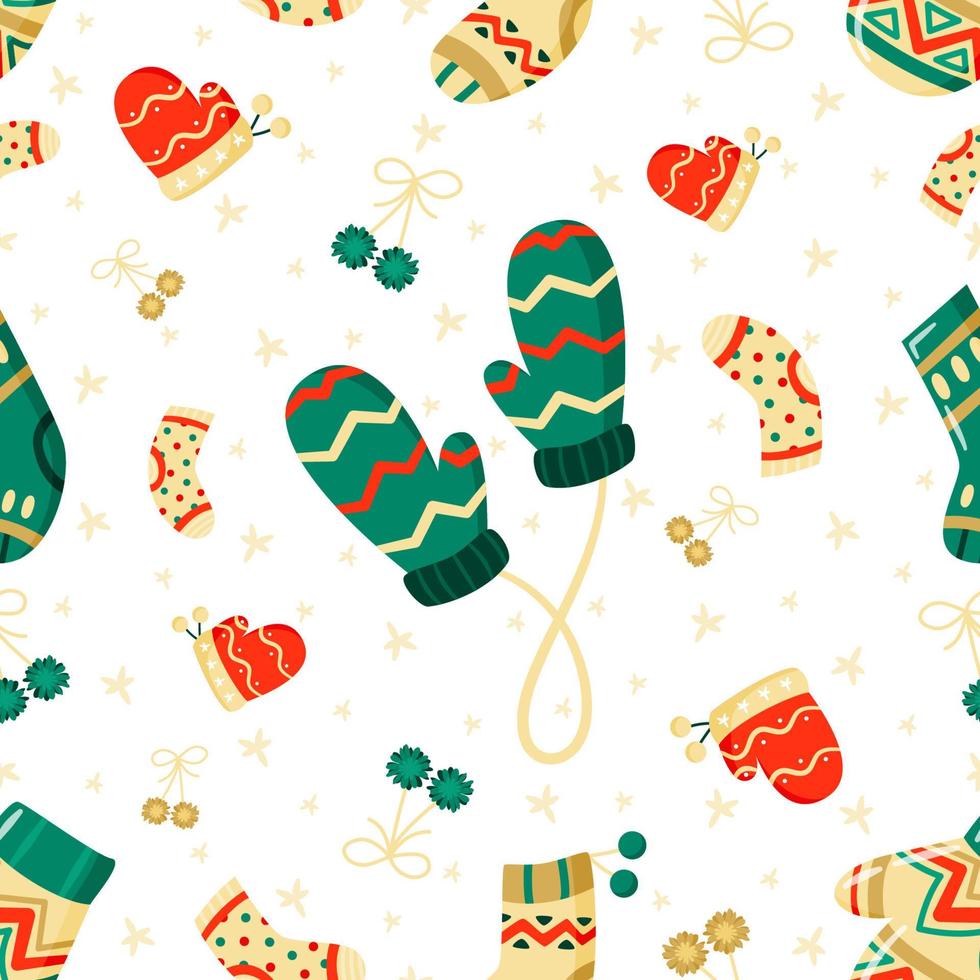 bonito dos desenhos animados luvas e meias padrão sem emenda de inverno. acessórios engraçados de inverno. Feliz Natal e feliz ano novo ilustração em vetor plana.